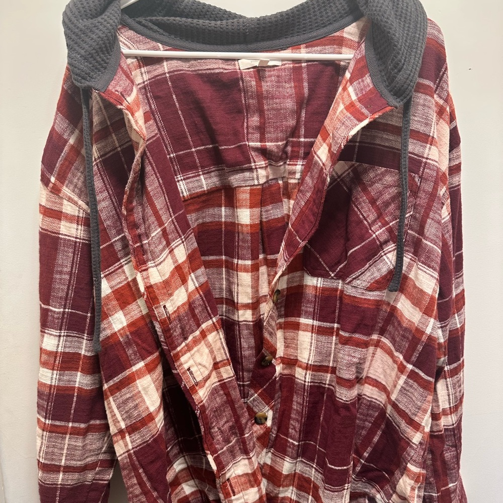 Maurices Red and Cream Plaid Hooded Jacket - Picture 2 of 3